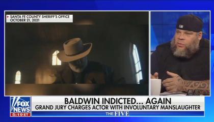 still of Tyrus; footage from Rust shooting; chyron: Baldwin indicted ... again Grand jury charges actor with involuntary manslaughter