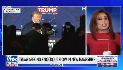 still of Pirro; footage of Trump in NH, chyron: Trump seeking knockout blow in New Hampshire