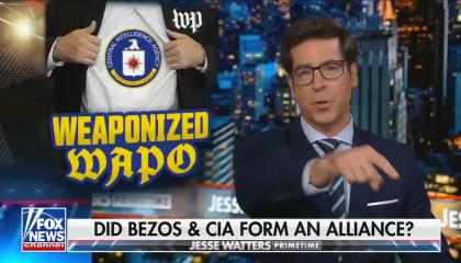 still of Watters; chyron: Did Bezos & CIA form an alliance?; graphic titled 'Weaponized WAPO'