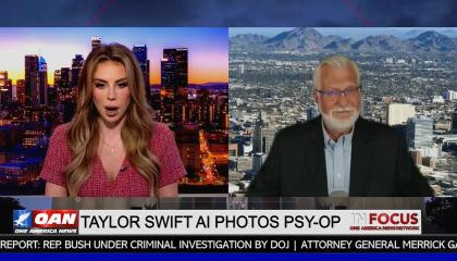 Screenshot of OAN show in focus. Chyron claims AI generated, sexually explicit photos of Taylor Swift were a psyop