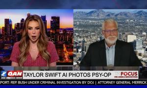 Screenshot of OAN show in focus. Chyron claims AI generated, sexually explicit photos of Taylor Swift were a psyop