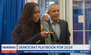 Newsmax chyron saying "Democrat plan for 2024" with an image of Michelle and Barack Obama