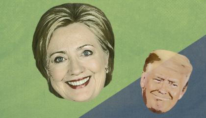 Hillary clinton and Donald Trump on a green and blue background