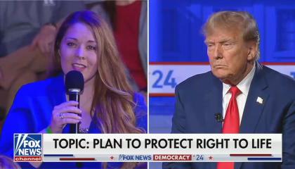 A screenshot of Trump being asked a question on abortion at his Fox News town hall in Iowa