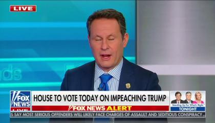 Fox host Brian Kilmeade speaking above a chyron reading "House to vote today on impeaching Trump"