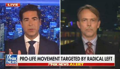 still of Watters, Rev. James Harden; chyron: Pro-life movement targeted by radical left