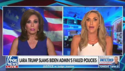 Fox News contributor Lara Trump (Screen right) appearing on Fox with host Jeanine Pirro (screen left, with her American flag background.) Chyron reads "Lara Trump slams Biden admin's failed policies"
