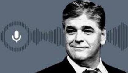 black and white image of Sean Hannity; clip art microphone; audio wave graphic