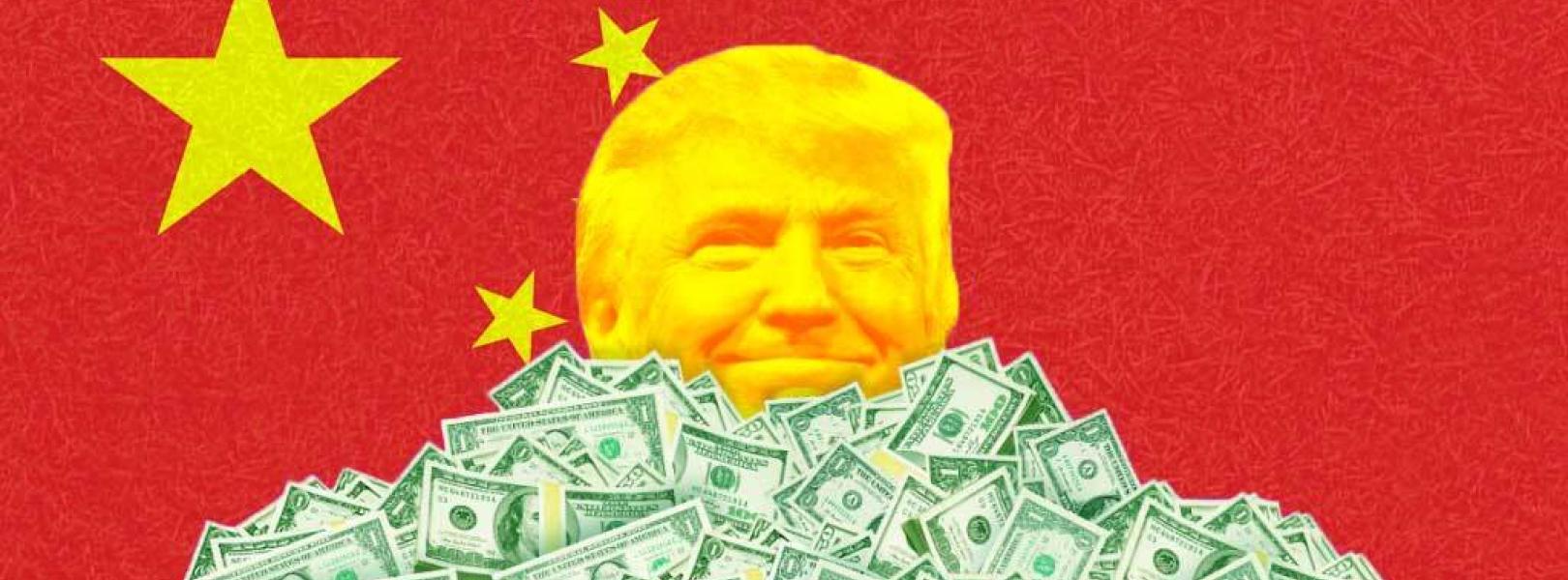 Trump in front of the Chinese flag surrounded by money 