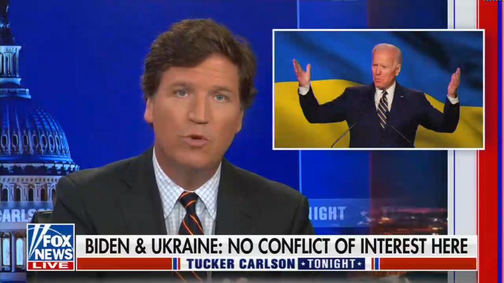 Tucker Carlson aired a chyron suggesting that Biden’s attention to Ukraine is due to a conflict of interest.
