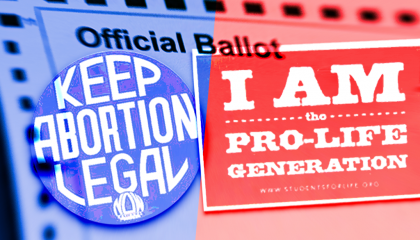 image of a pro-choice sign and an anti-abortion sign with an official ballot image in the background