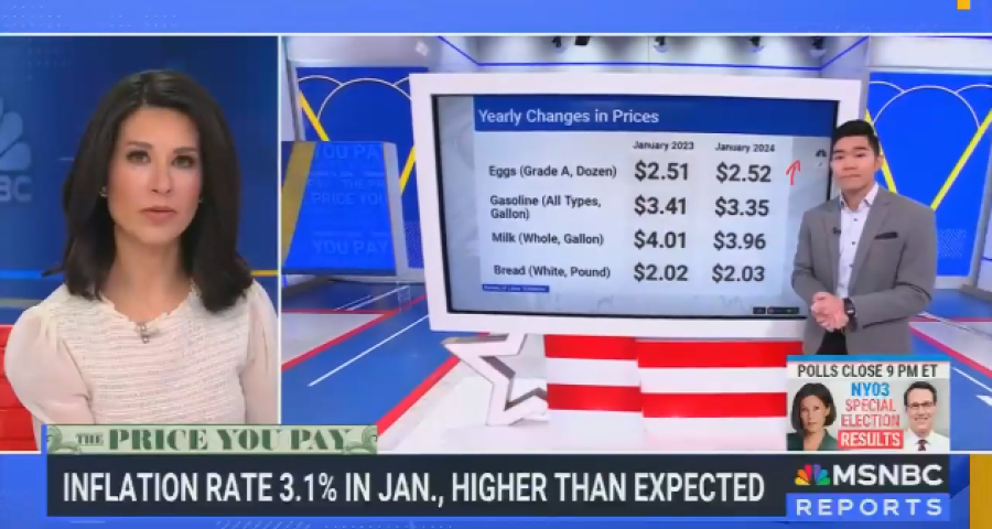 MSNBC graphic stating: “Inflation rate 3.1% in Jan., higher than expected.”