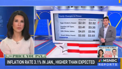 MSNBC graphic stating: “Inflation rate 3.1% in Jan., higher than expected.”