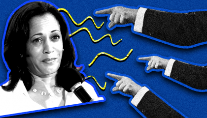 Kamala Harris with fingers pointing accusingly at her