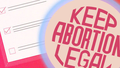 A voting ballot next to a round "Keep abortion legal" badge