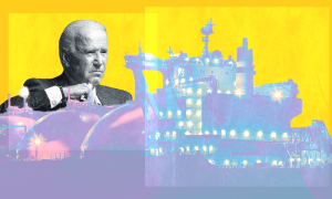 Image of Biden and an LNG terminal over yellow background 