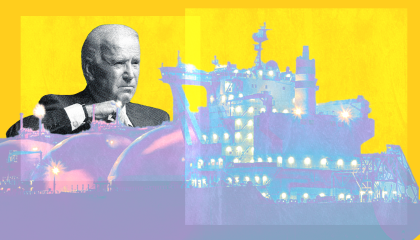Image of Biden and an LNG terminal over yellow background 