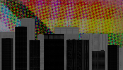 A washed out LGBTQ flag in the background with silhouettes of skyscrapers in the foreground
