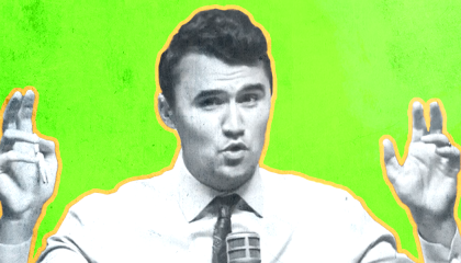 A black and white Charlie Kirk doing air quotes, in a yellow outline against a lime green background