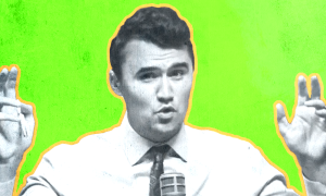 A black and white Charlie Kirk doing air quotes, in a yellow outline against a lime green background