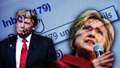image of Trump, Clinton overlaid with email page