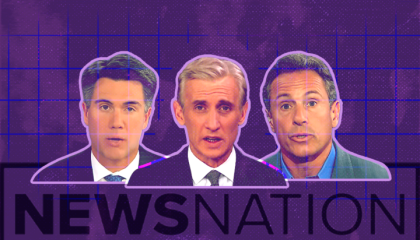 Leland Vittert, Dan Abrams, and Chris Cuomo busts hover above newsnation logo