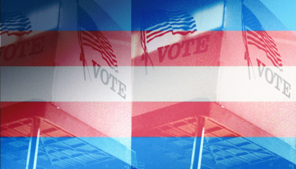 Two images of a voting booth overlaid by the trans flag