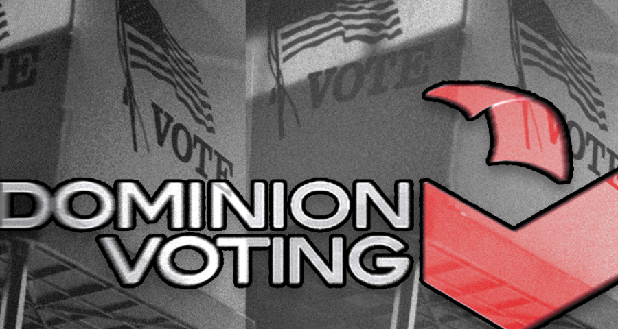 The Dominion Voting Systems logo is placed atop a voting booth