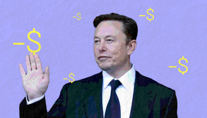 Elon Musk waving his hand on a purple background with negative money signs around him