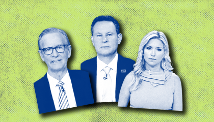 Blue-tinted cutouts of Fox & Friends hosts (from left) Steve Doocy, Brian Kilmeade, and Ainsley Earhardt, against a green background the color of split pea soup..