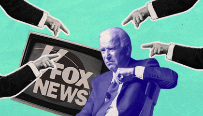 image of fingers pointed at Biden; TV with Fox News logo in background