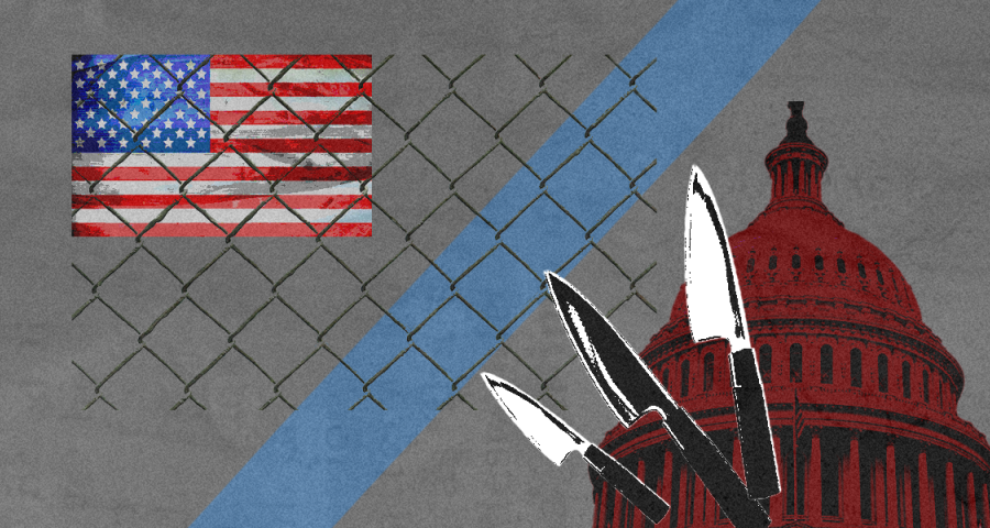 A wired fence appears layered over an image of the U.S. flag and Capitol building Three knives also appear in the foreground