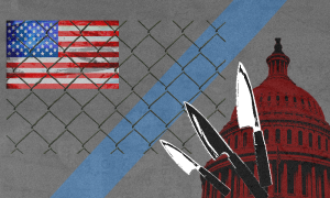 A wired fence appears layered over an image of the U.S. flag and Capitol building Three knives also appear in the foreground
