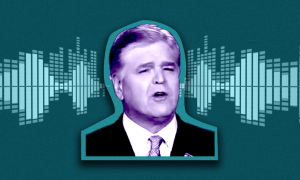 Sean Hannity smiling in front of audio wave