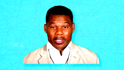 A headshot of Herschel Walker in a light tan suit with a white button-down shirt is placed upon a teal background