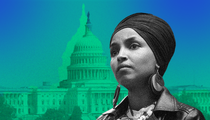 Image of Rep. Ilhan Omar against a background of the Capitol building