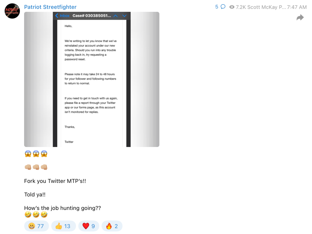  Patriot Streetfighter's Telegram announcement of Twitter reinstatement