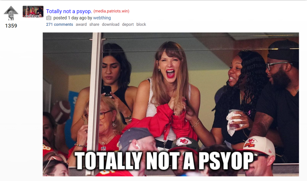 Image of Taylor Swift with the caption "totally not a psyop," posted by a user on the website Patriots.Win