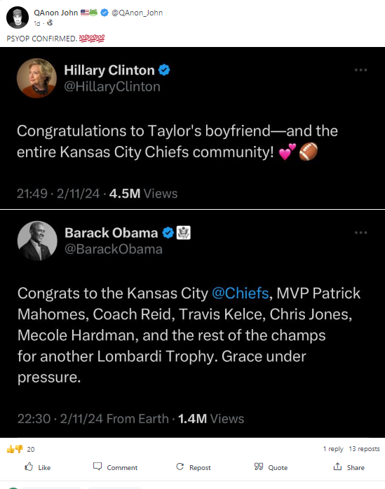 Post on Gab from the account QAnon John. Includes two screenshots of Hilary Clinton and Barack Obama about the super bowl, with the caption "psyop confirmed"