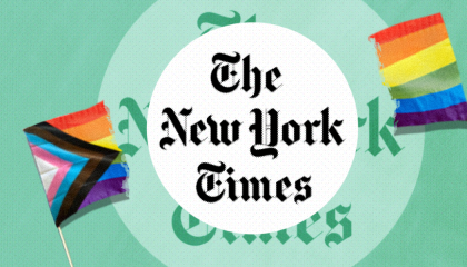 The New York Times logo in a white circle over a green field, with two halves of a torn progress Pride flag on both sides.