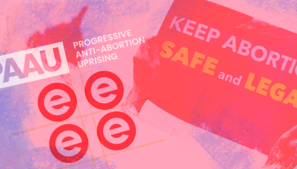 the PAAU logo and the Eventbrite logo next to a protest sign that reads "Keep abortions safe and legal"