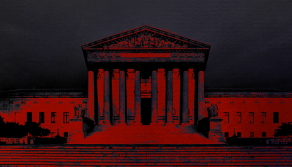 Graphic of Supreme Court building, red and black