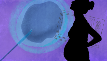 The silhouette of pregnant person appears next to an image of an IVF embryo