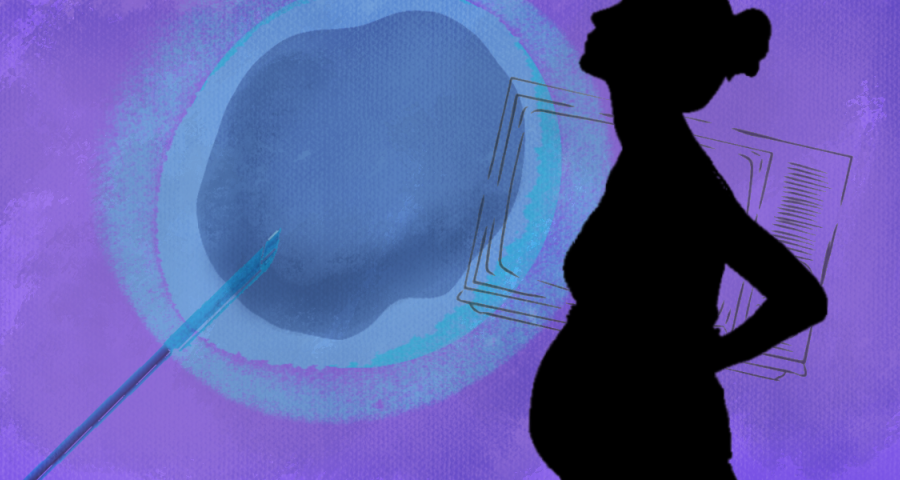 The silhouette of pregnant person appears next to an image of an IVF embryo