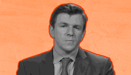 A black and white image of James O'Keefe, with a glum expression on his face, outlined in red and against a salmon background