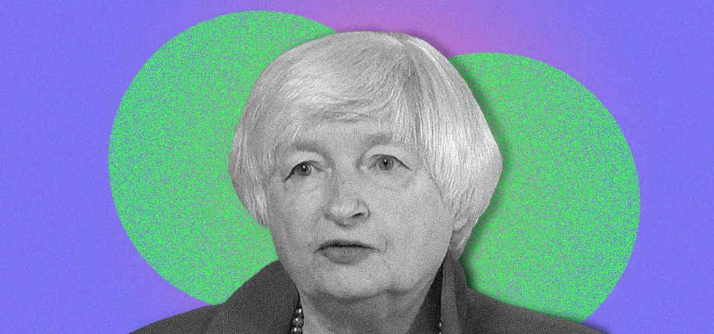 Black and white photo of Janet Yellen on a purple and green background 