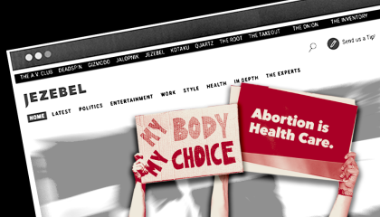 Abortion protest signs over Jezebel's homepage