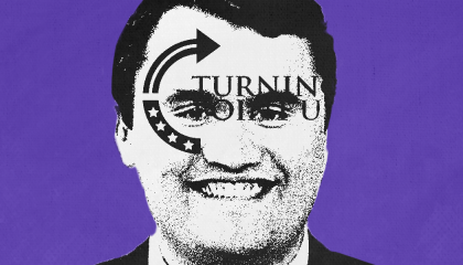 black and white image of Charlie Kirk's face on purple background