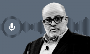 Mark levin in suit staring into distance in front of audio waves