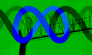 the meta logo in front of a fence on a green background 